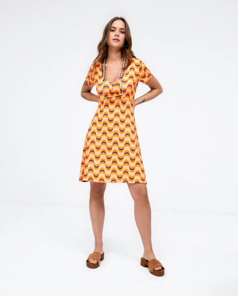 Surkana short dress with gathered neckline orange