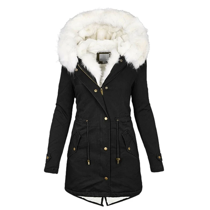 Warme Fleecegevoerde Winterjas Dames – Winddichte Lange Jas met Capuchon