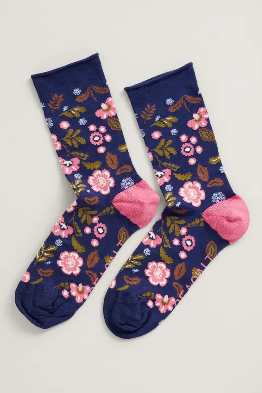 Seasalt Cornwall women's bamboo arty socks woodblock floral magpie