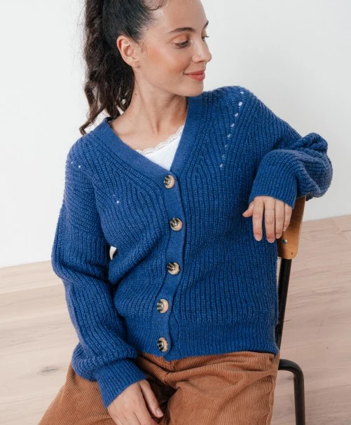 Blauw vest met V-hals | C'est beau la vie flore G gilet point chainette bt corne blue indigo