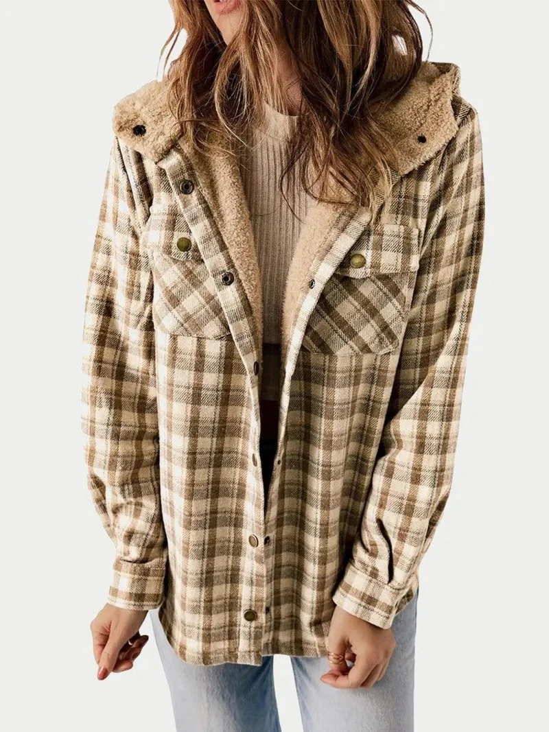Dames Fleece Shacket Geruit met Capuchon