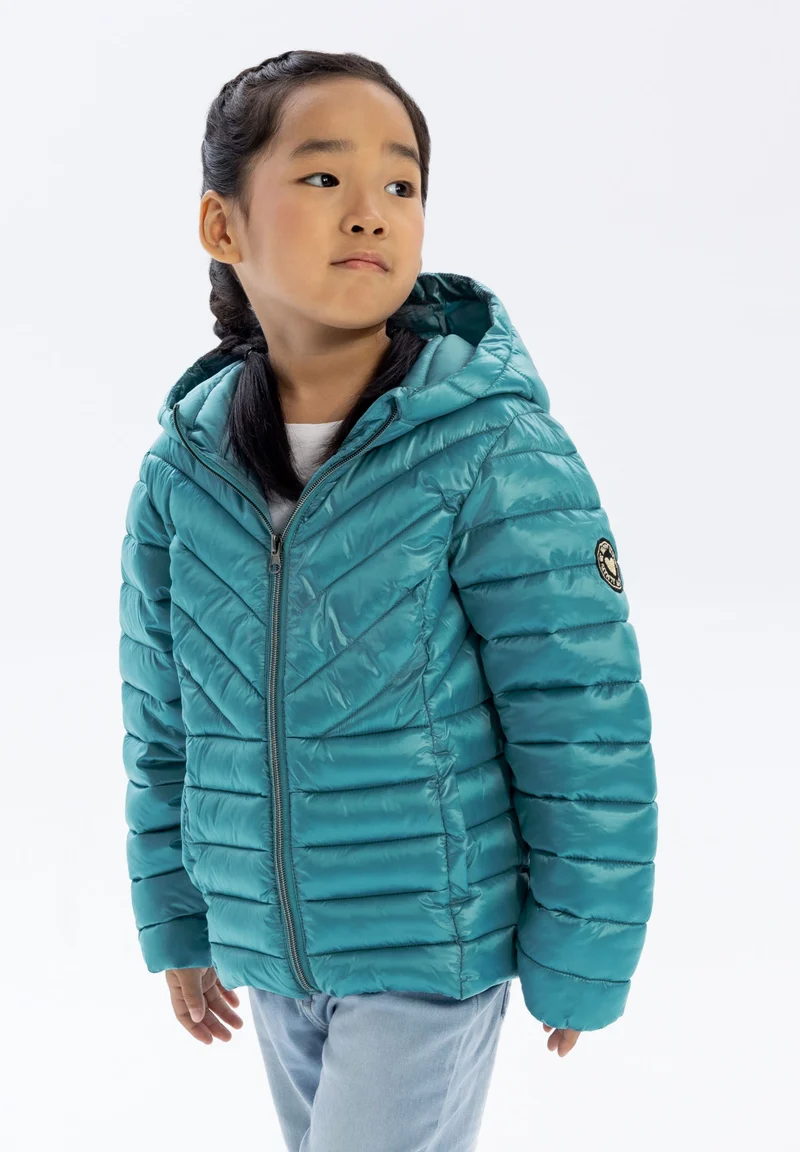 Girls' puffer jacket in turquoise