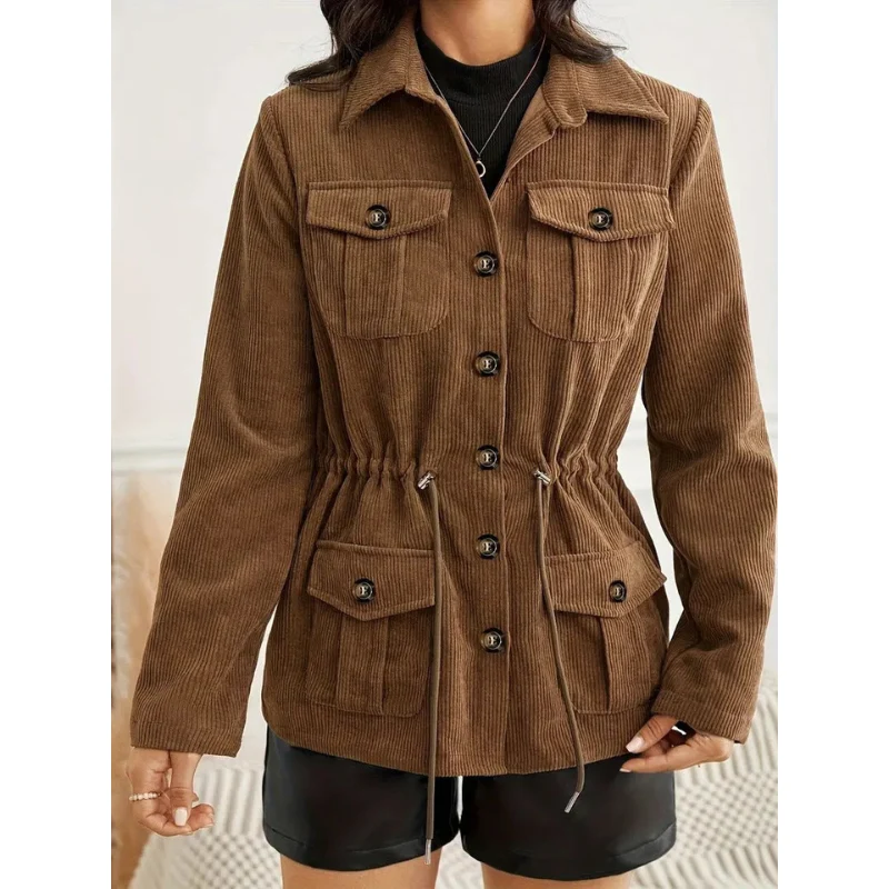 Dames Corduroy Jas met Ceintuur – Bruin