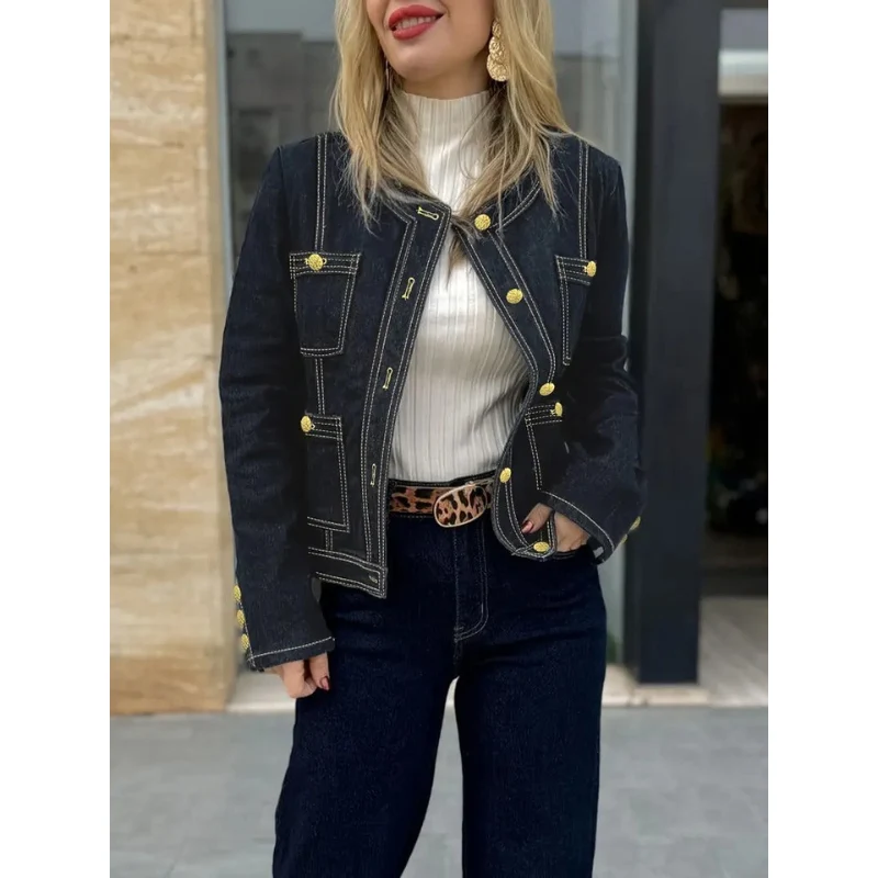 Dames Denim Jas met Gouden Details – Donkerblauw