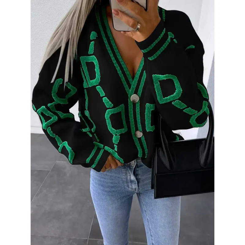Dames Gebreid Vest met Embleemprint – V-hals