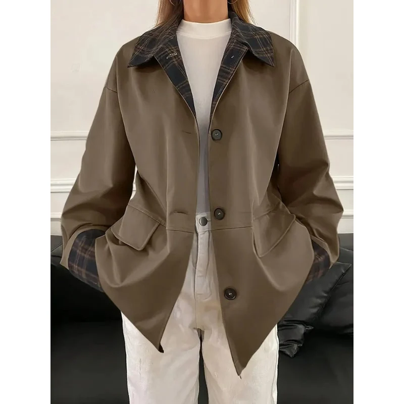 Dames Jas met Ruit Contrastkraag – Bruin