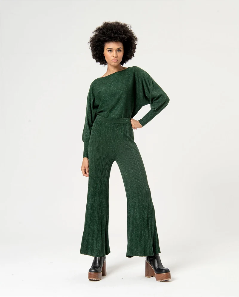 Surkana smooth metallic yarn ribbed pants green