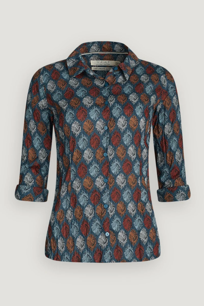 Kreukelblouse met bladerenprint | Seasalt Cornwall Larissa shirt carved leaf dusky jade