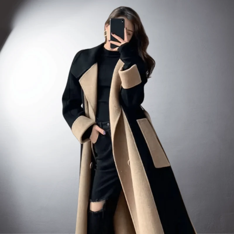 Bicolor Mantel met Rechte Snit voor Vrouwen | Ideaal voor de Winter