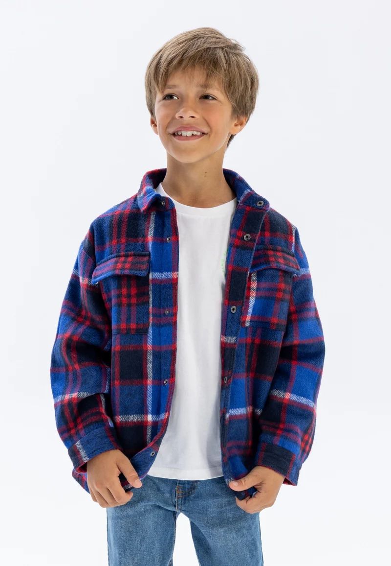 Boys' check shacket in blue, red, navy and white