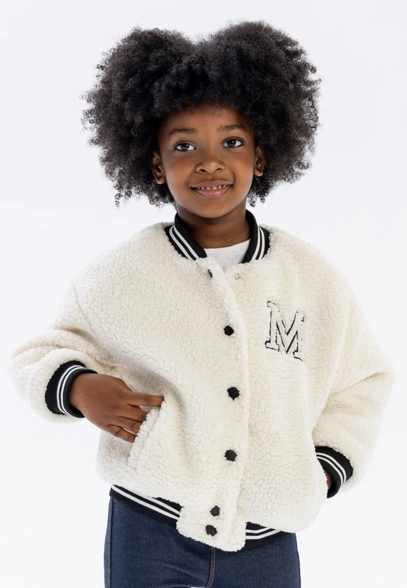 Girls' teddy varsity jacket in cream