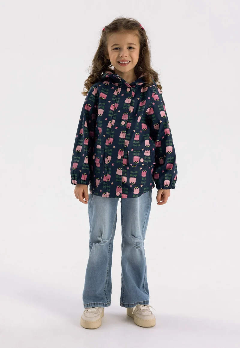 Girls' hooded printed jacket in navy