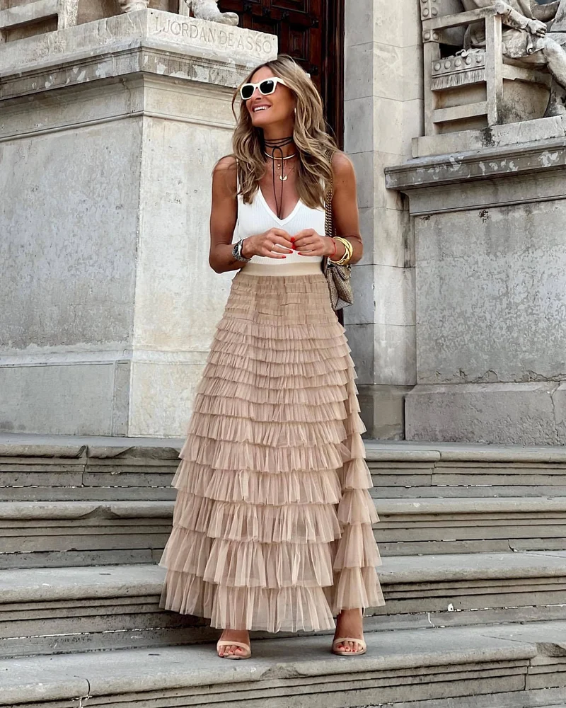 Dames Elegante Maxi Rok met Elastische Tailleband – Veelzijdig & Chic