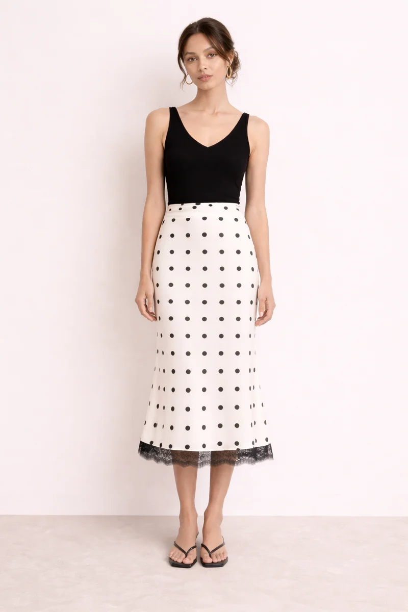 Dames Midi-rok met Stippenprint en Elegant Kantdetail