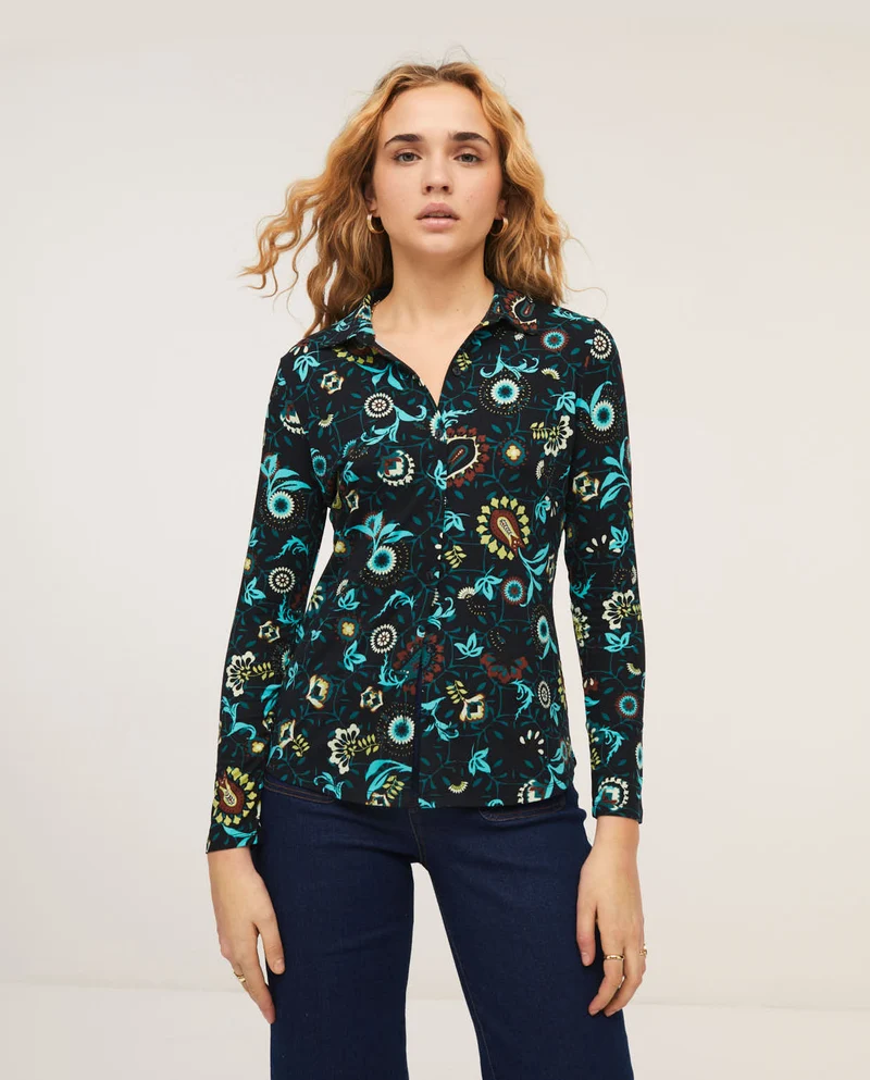 Blauwe blouse met lange mouw | Surkana printed regular fit T-shirt navy blue