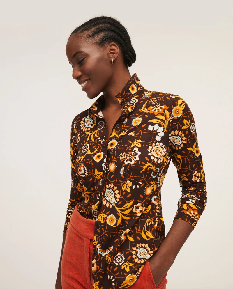 Bruine blouse met lange mouw | Surkana printed regular fit T-shirt brown