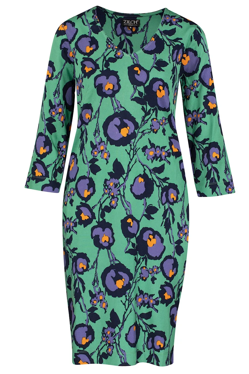 Aansluitende jurk met bloemenprint | Zilch dress V-neck bouquet jade