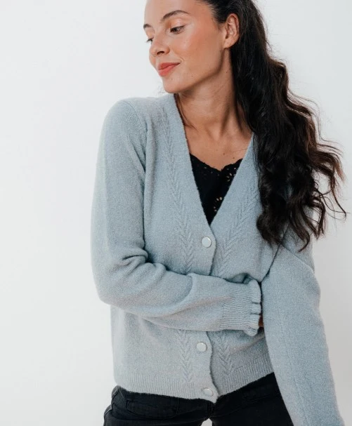 Lichtblauw warm vest | C'est beau la vie anais gilet court bouton cercle vert de gris