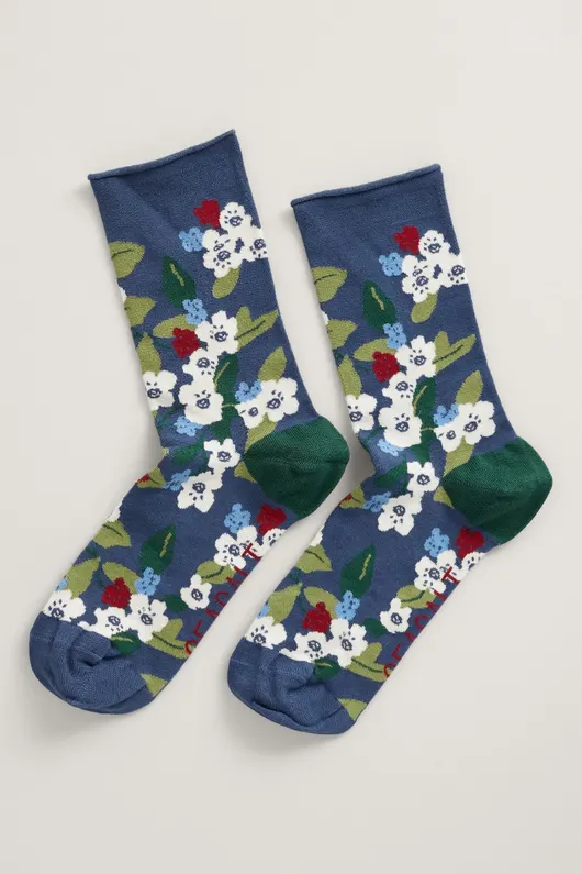 Seasalt Cornwall women's bamboo arty socks berry blossom blue ink
