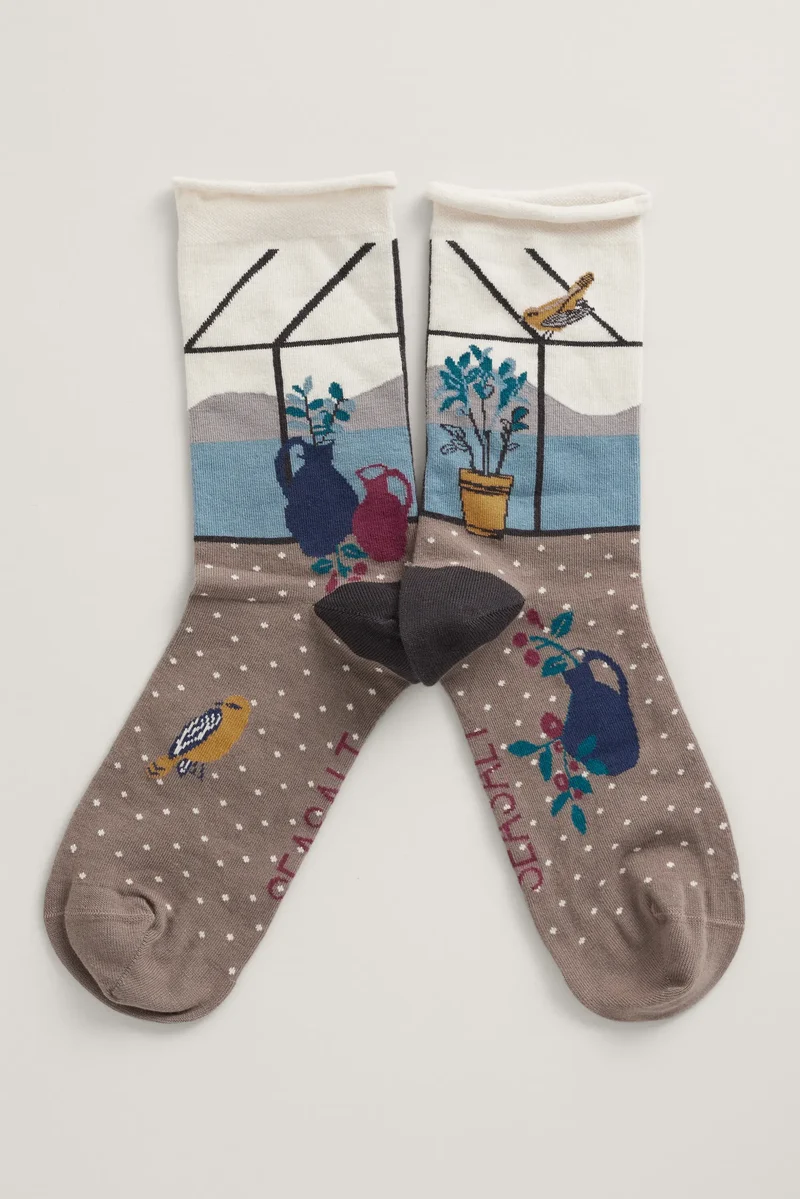 Seasalt Cornwall postcard socks flowering branch canvas