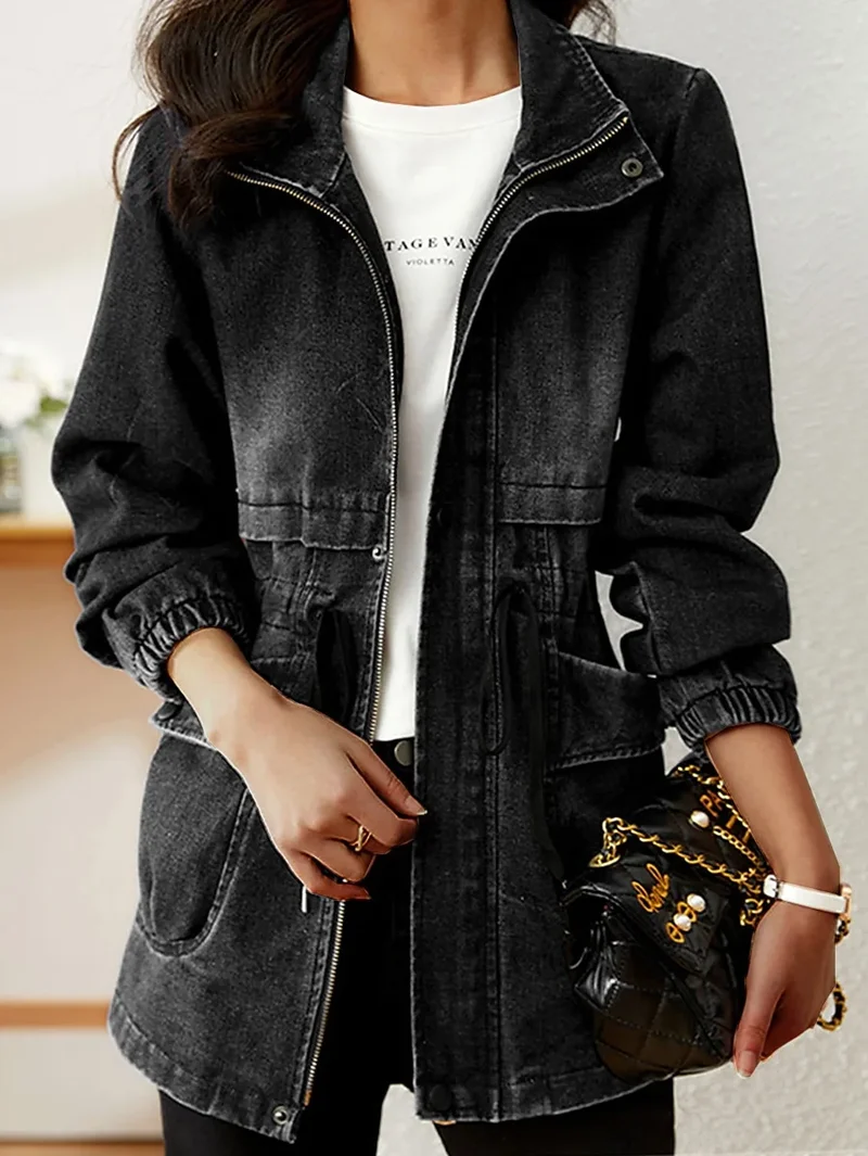 Denim Jack Met Trekkoord en Zakken - Dames Jacket