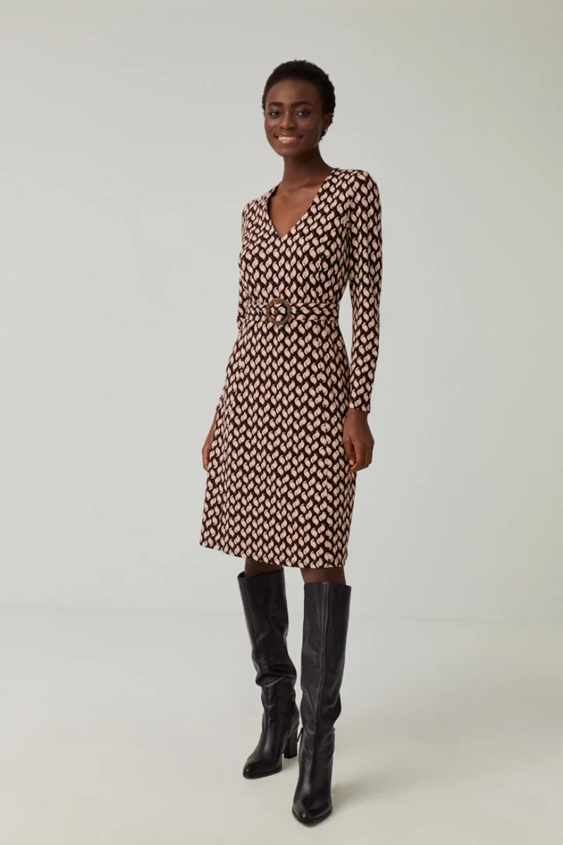 Jurk met bijpassende riem | Surkana long sleeve midi V-neck dress black