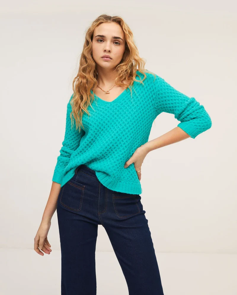 Gebreide trui | Surkana braid knitted sweater with V-neck turquoise