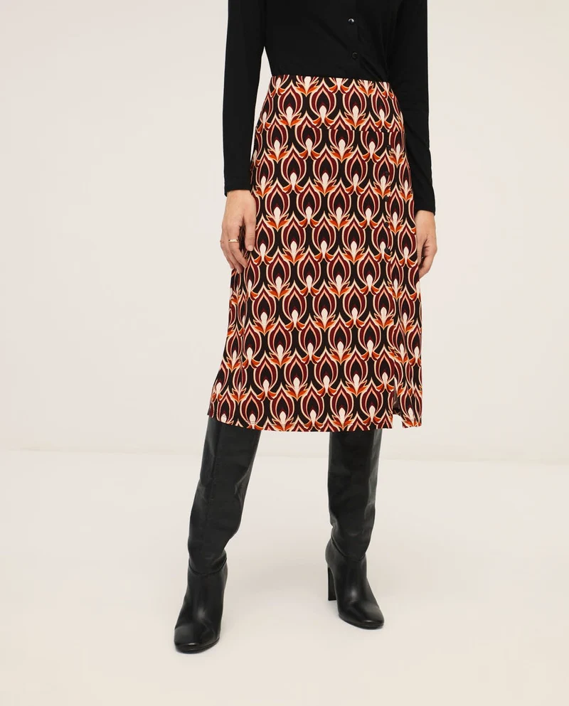 Halflange rok met grafische print | Surkana skirt with buttons brown