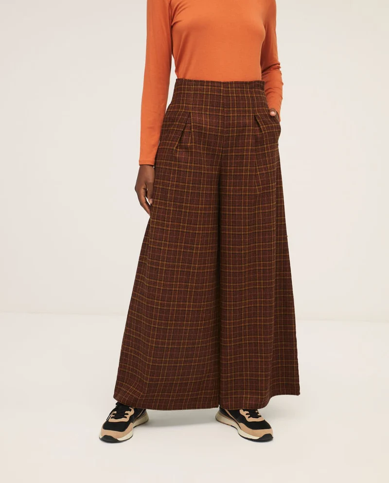 Broek met Schots motief | Surkana wide trousers with high waist and suspenders orange
