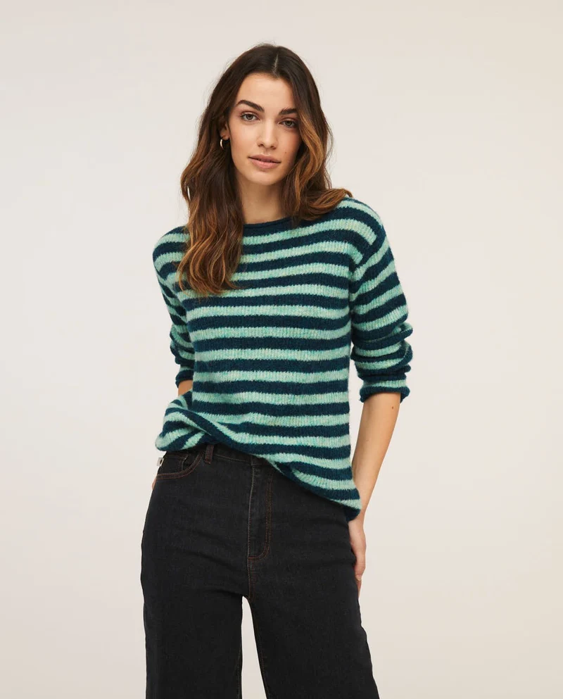 Gebreide trui met boothals | Surkana striped knitted boat neck jumper green