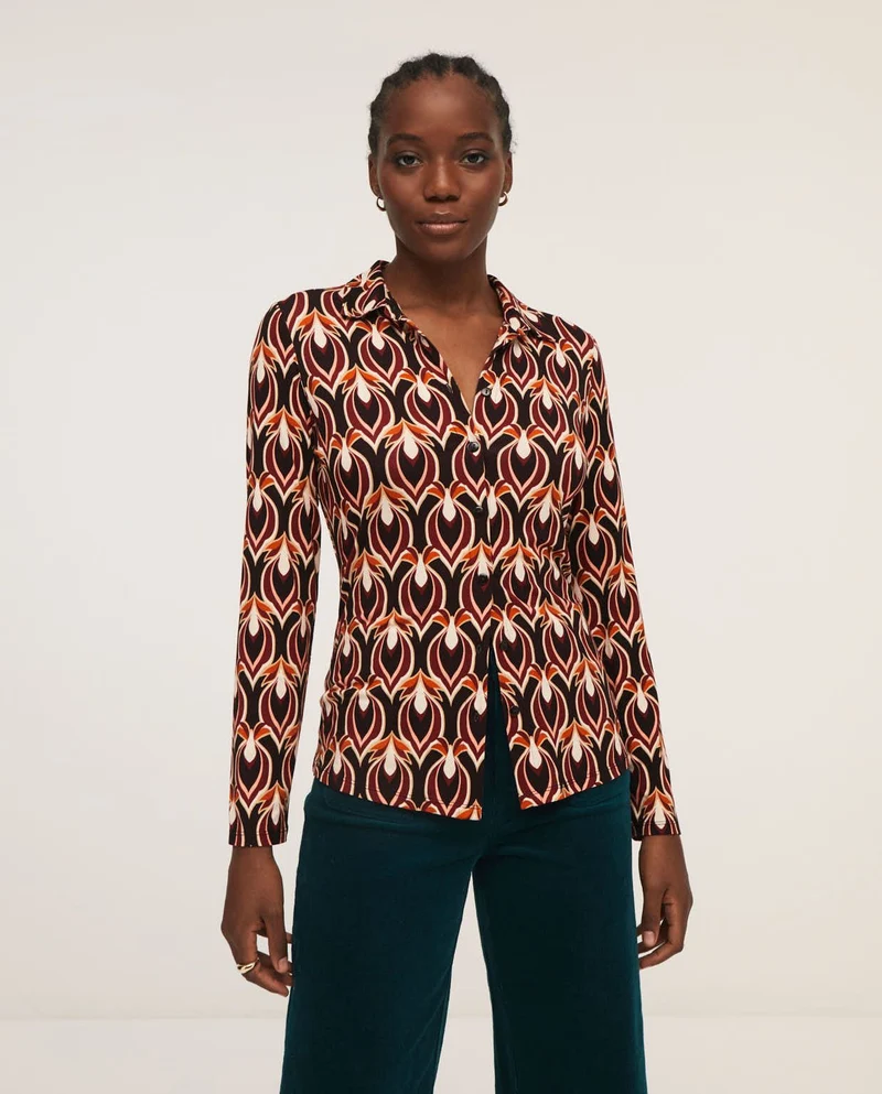Aansluitende blouse met print | Surkana printed regular fit shirt brown