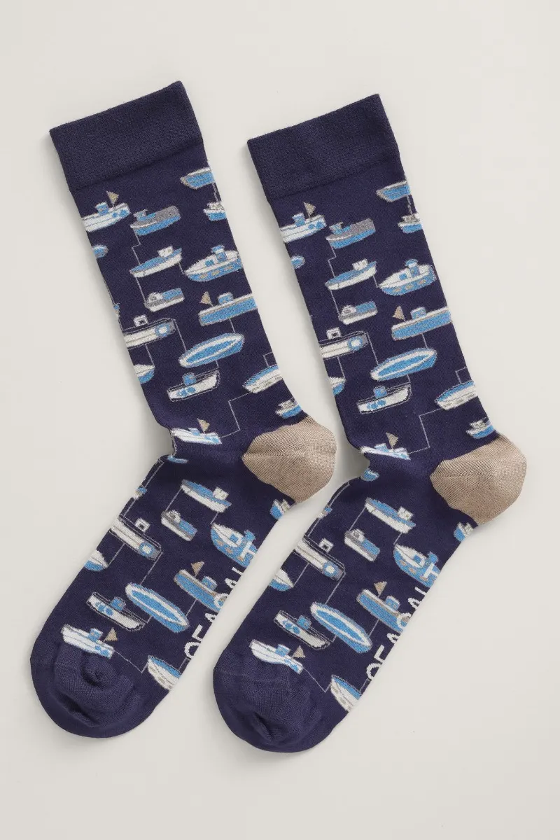 Seasalt Cornwall men's bamboo arty socks harbour boats dark night