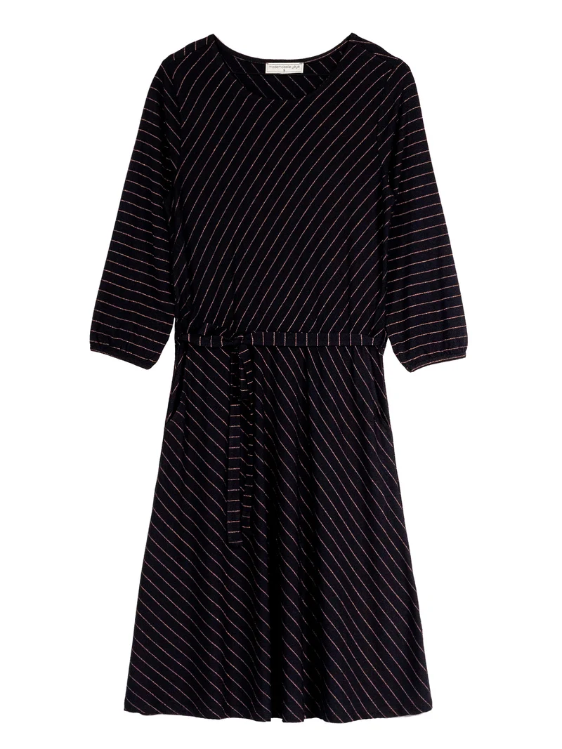 Zwarte jurk met strikceintuur | Mademoiselle YéYé glamorous day dress stripes