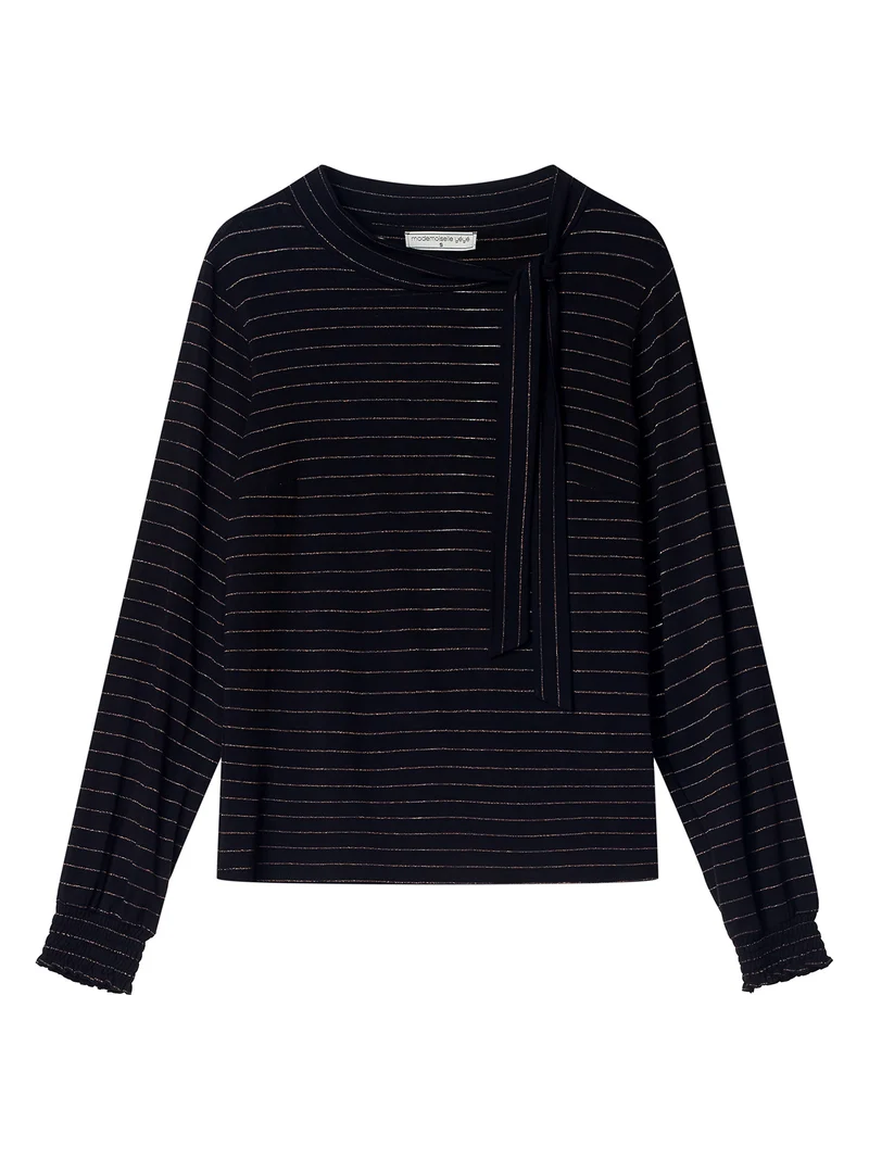 Zwarte duurzame top met glitters | Mademoiselle YéYé saint swing bow blouse stripes