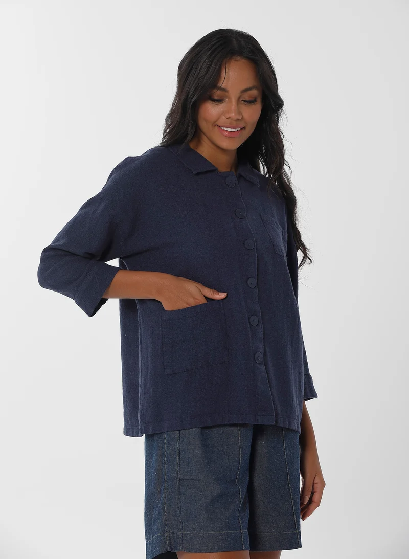 Blouse met grote knopen | Organication women's garment dyed 3/4 sleeve t-shirt navy