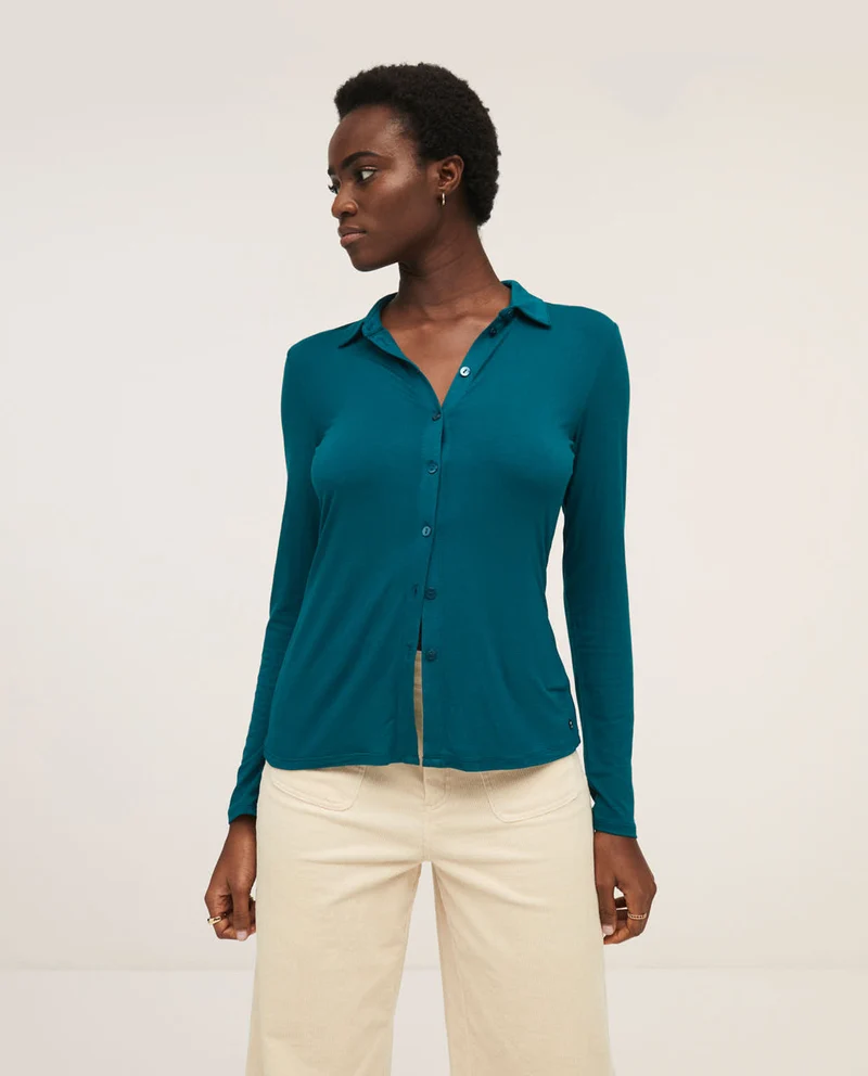 Blauwe effen blouse | Surkana shirt with long sleeves petrol blue