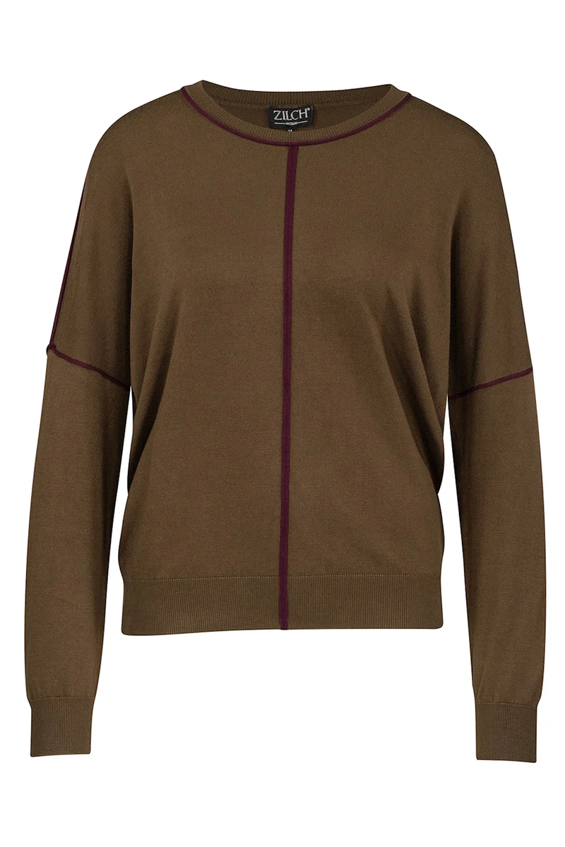 Bruine trui met opvallende naden | Zilch sweater round neck olive/bourgondy