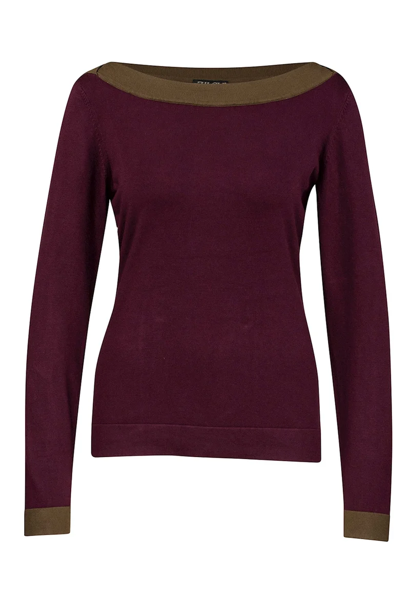 Top met bruine boorden | Zilch top boatneck bourgondy/olive