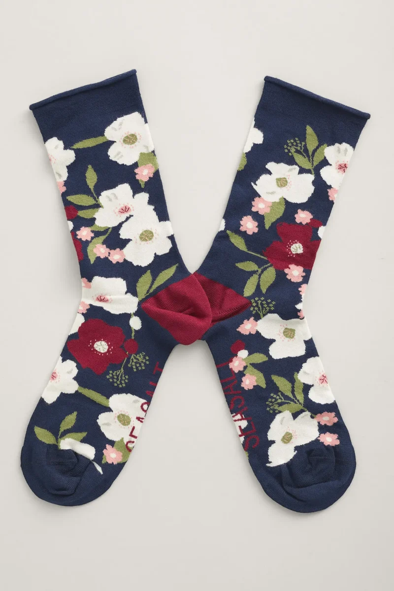 Seasalt Cornwall women's bamboo arty socks poppy gathering maritime