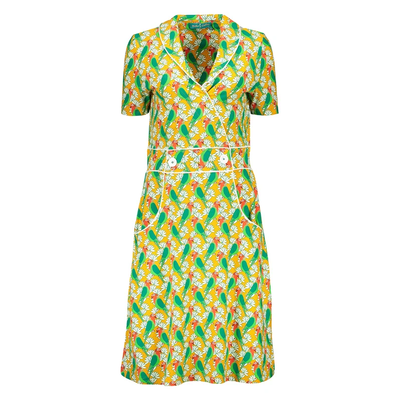 Gele jurk met papegaaienprint | Bakery Ladies wrap dress parrot sundeck