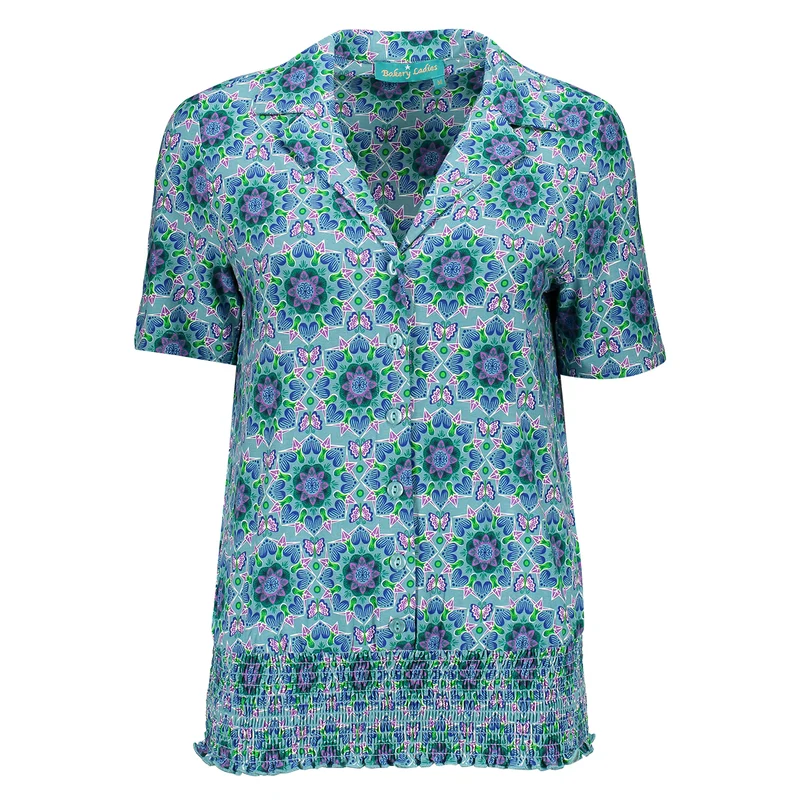 Blauwe blouse | Bakery Ladies polo t-shirt Peggy mexican flower soft blue