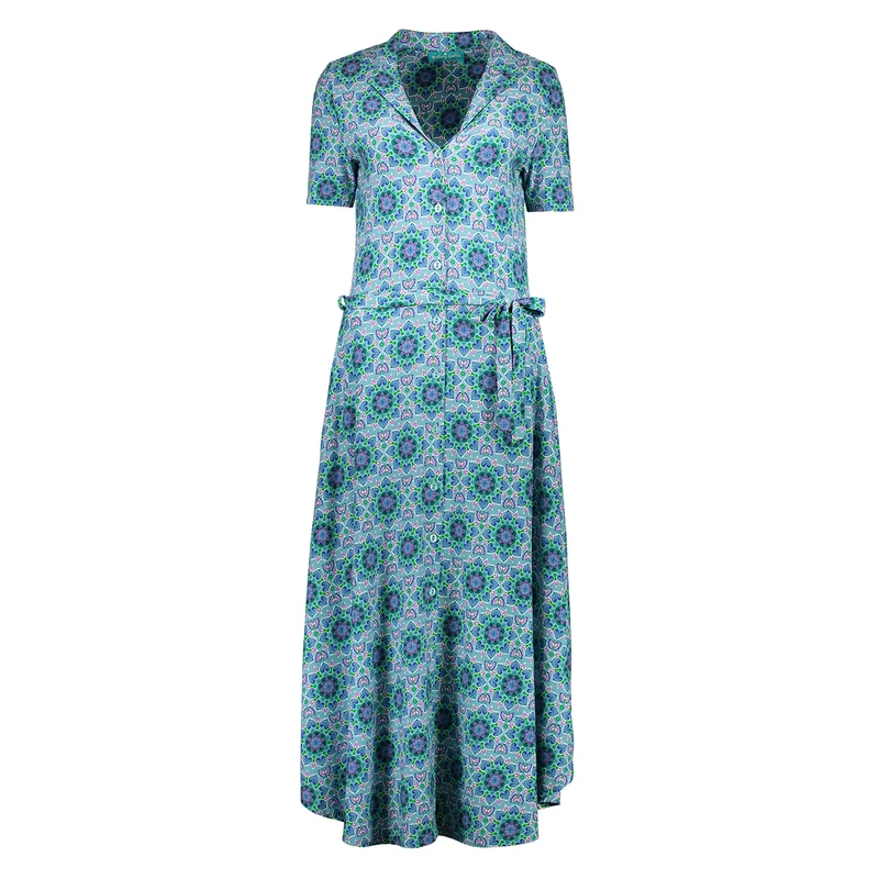 Blauwe jurk van soepele viscose | Bakery Ladies polo dress tusla long mexican flower soft blue