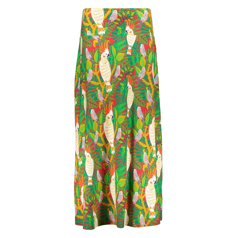 Rok met kaketoeprint | Bakery Ladies long wide skirt kakatoo tomato