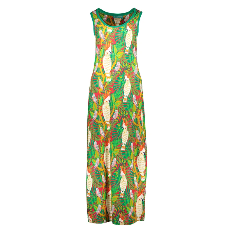 Mouwloze jurk met kaketoeprint | Bakery Ladies long singlet dress kakatoo tomato