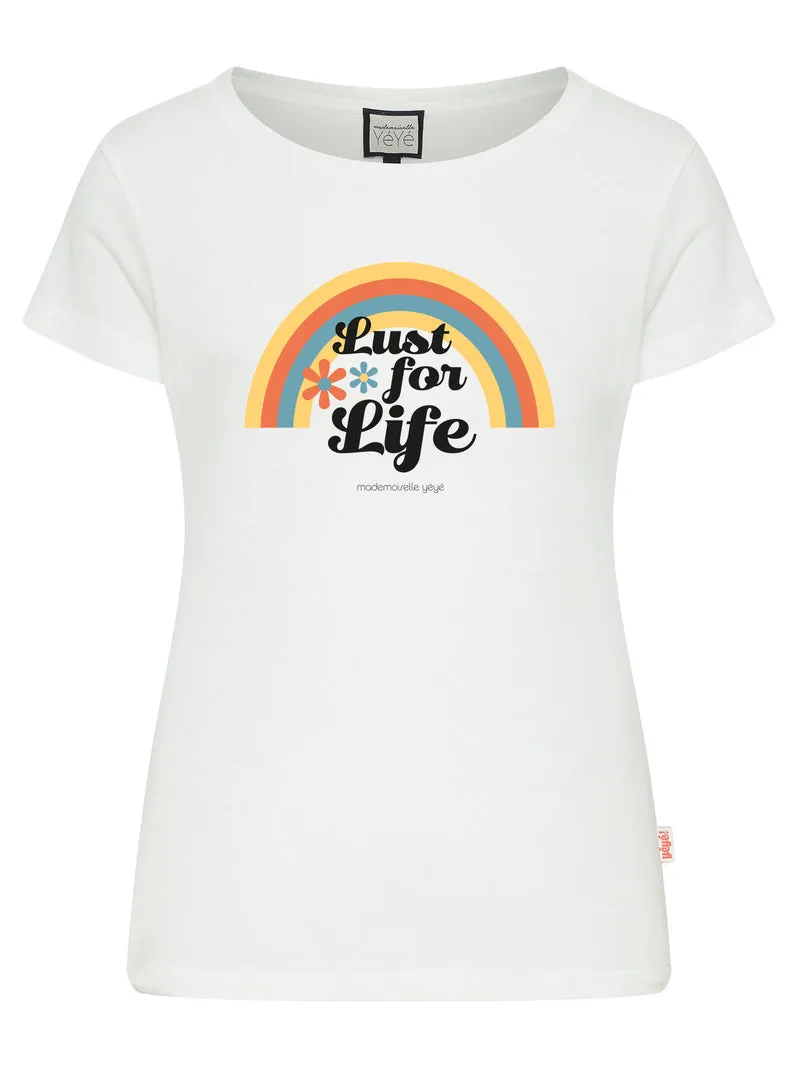 Licht getailleerd T-shirt | Mademoiselle YéYé lust for life t-shirt ecru