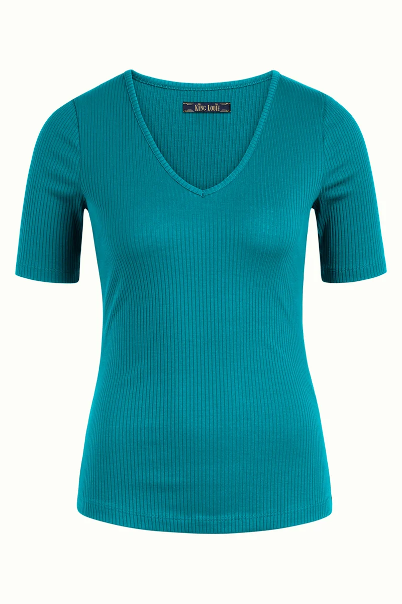 Blauwe top met V-hals | King Louie Carice top rib tencel deep teal