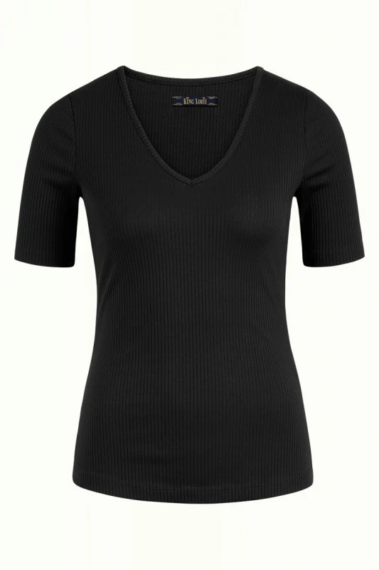 Zwarte top met V-hals | King Louie Carice top rib tencel black