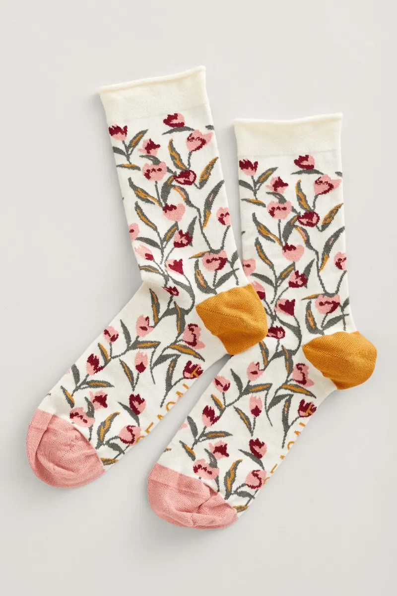 Seasalt Cornwall women's bamboo arty socks tolcarne tulips chalk