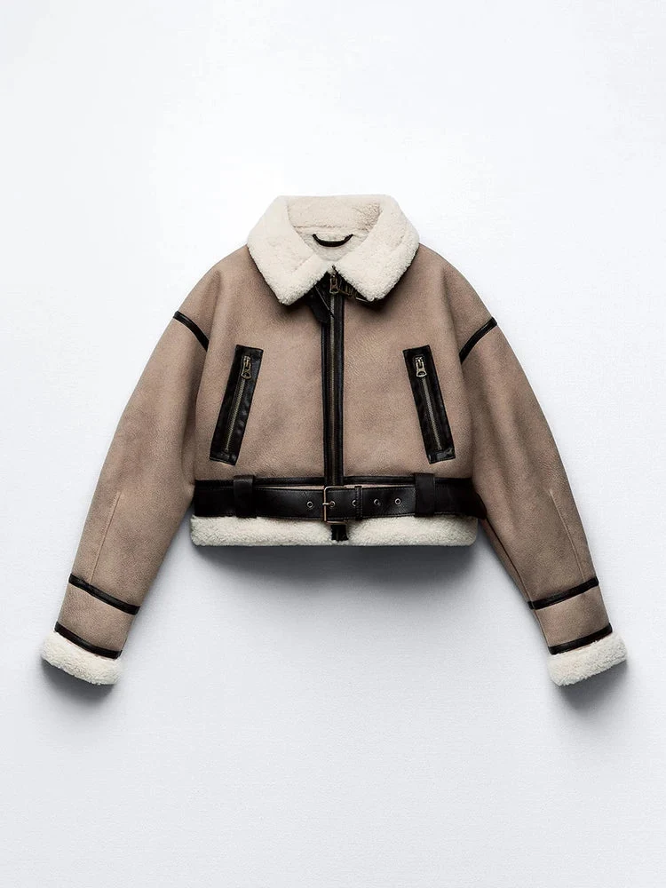 Dames Sherpa Jas Met Vintage Leren Accenten
