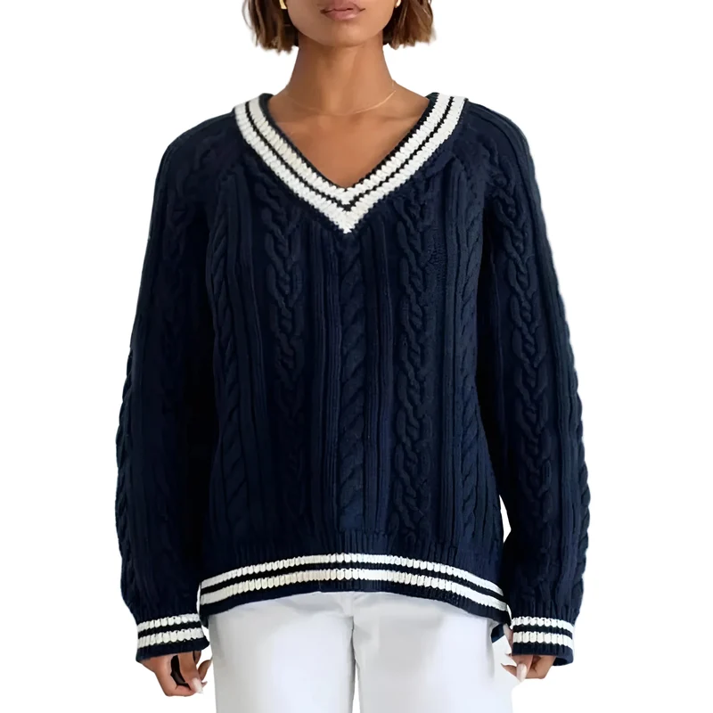 Dames Oversized Kabelgebreide Trui met V-hals